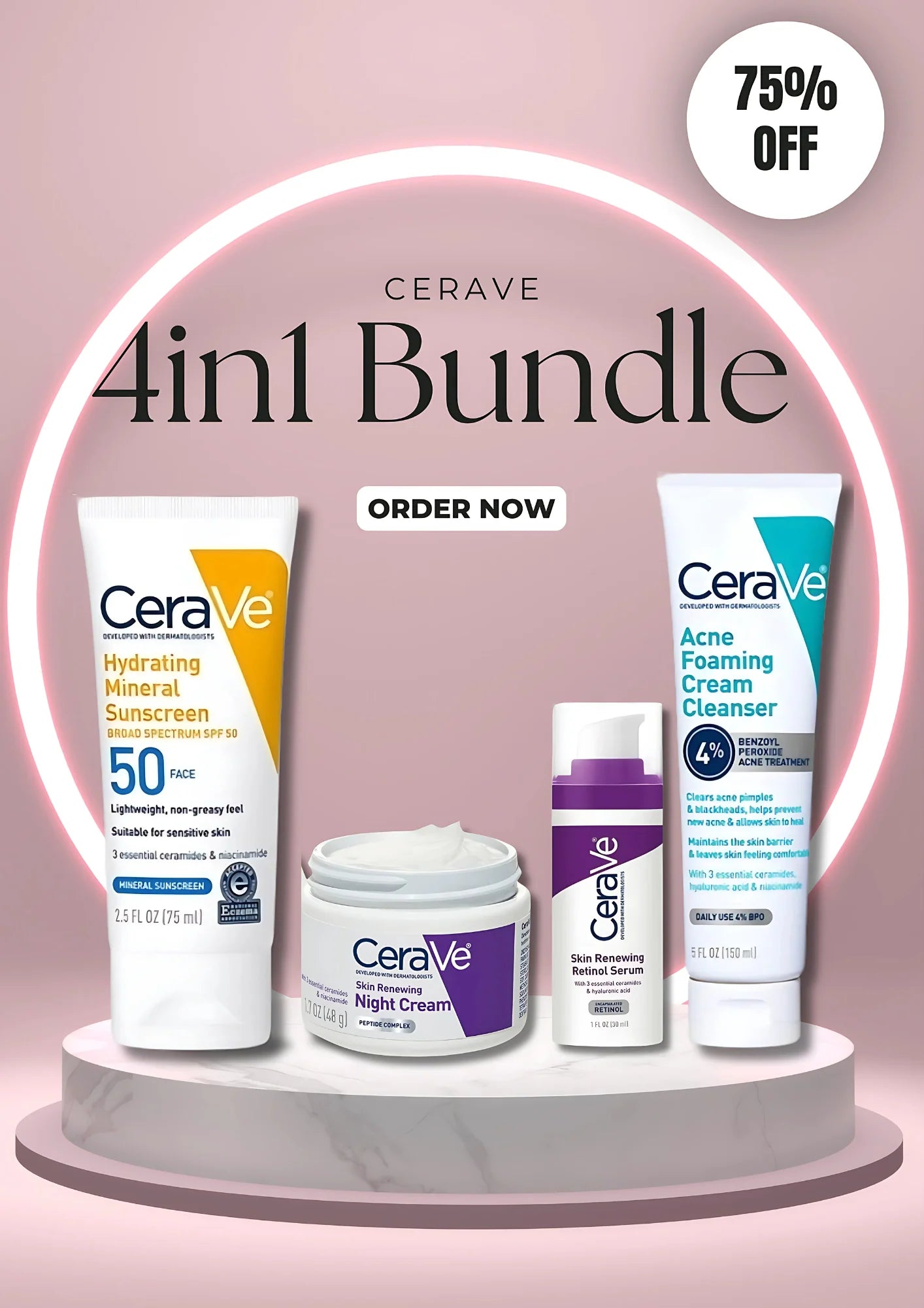 Cerave 4-in-1 Skincare Bundle: Night Cream, Sunblock, Cleanser & Serum For Radiant Skin